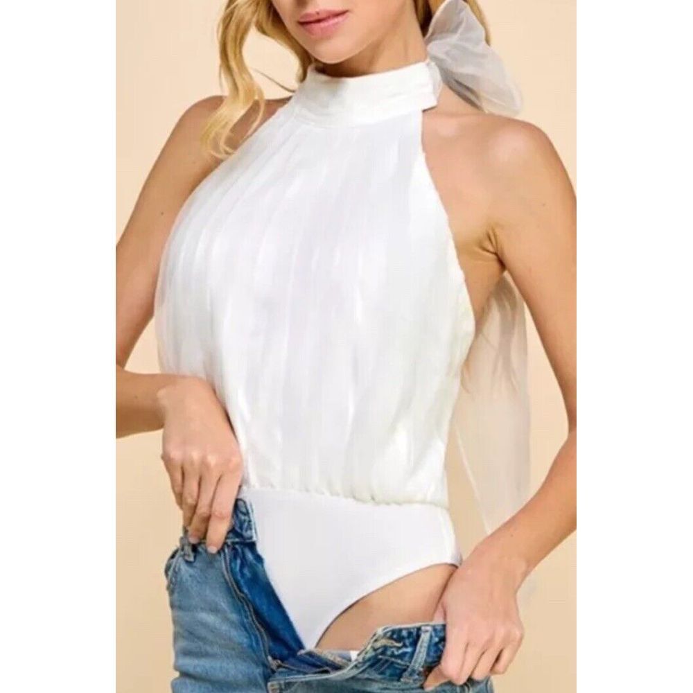 TCEC Pleated Organza Bodysuit In White NWT Rear Bow Detail Stretchy Size Medium‎